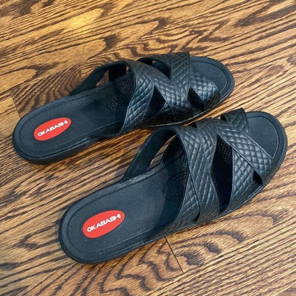 OKABASHI M/L(8-9) Black Venice Cross Strap Slide Sandals Rubber Waterproof - Picture 2 of 4